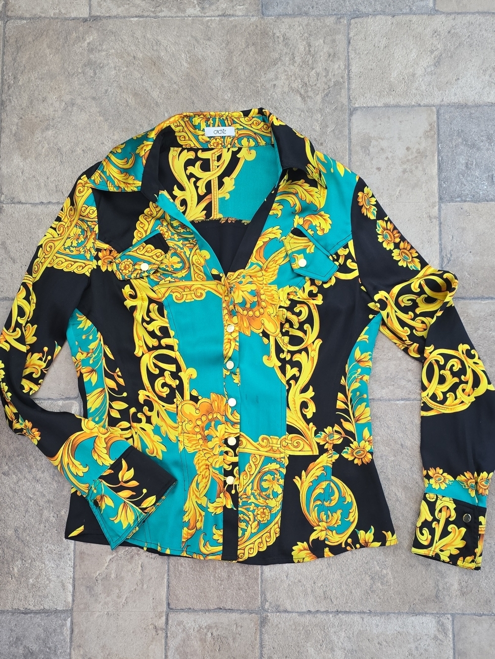 Cache Baroque Print Shirt - Teal, Yellow & Black